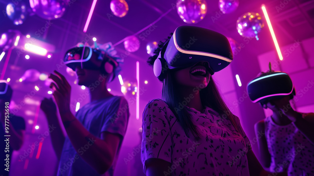 An immersive virtual reality birthday celebration in a vibrant club atmosphere with guests enjoying the experience An immersive virtual reality birthday celebration in a vibrant club atmosphere with guests enjoying the experience