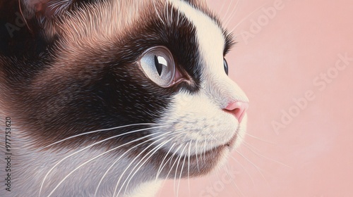 A close-up of a snowshoe cat's face, showcasing its unique markings and whiskers against a solid pastel background