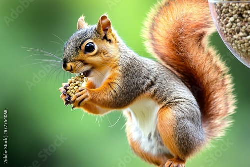 Squirrel dangling from a bird feeder, stealing seeds with a mischievous glint in its eye