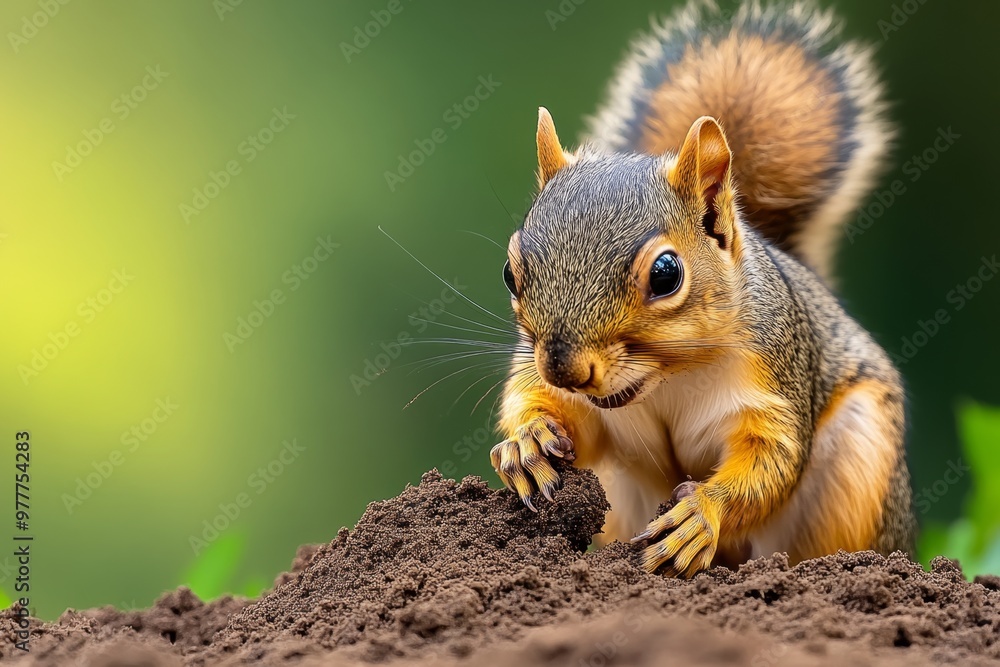 Squirrel digging in the soil to hide a nut, leaving behind a small pile of dirt Squirrel digging in the soil to hide a nut, leaving behind a small pile of dirt