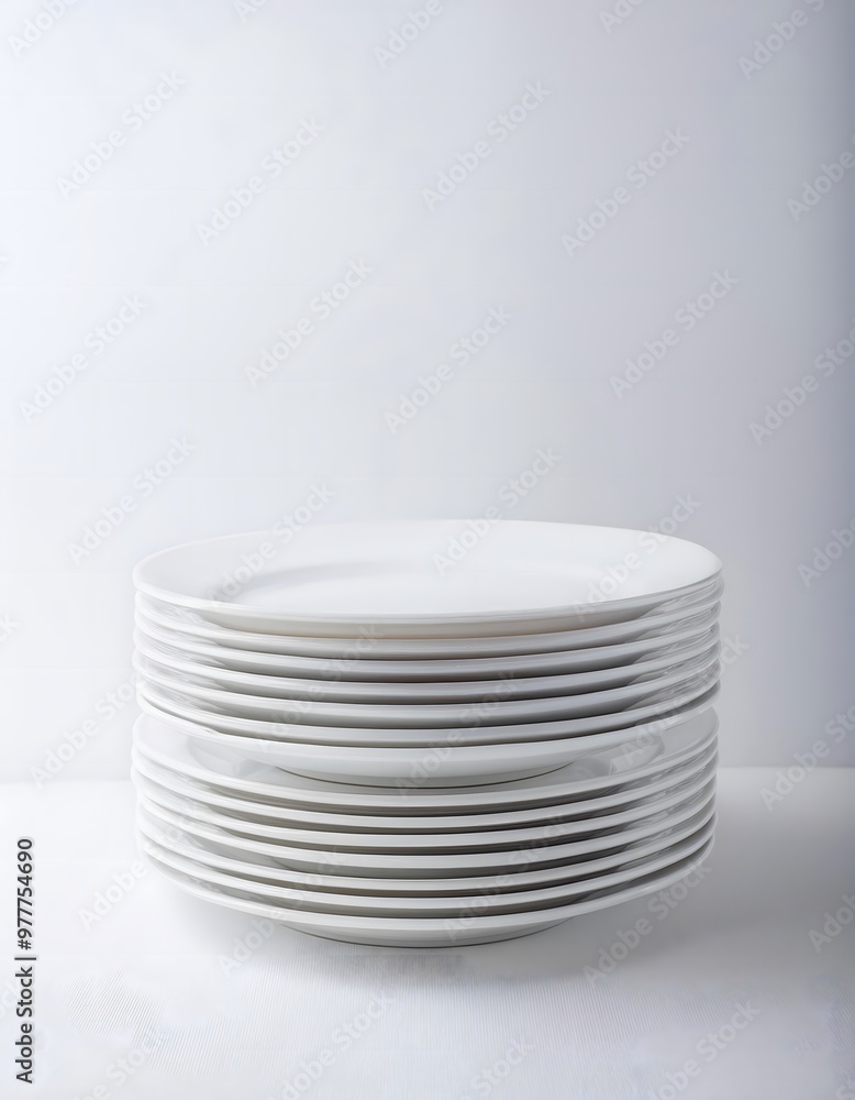 Obraz premium A white ceramic dinner plate set, neatly stacked on a white background