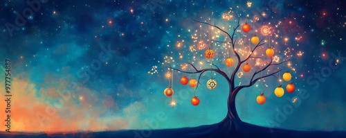 Illustration of a cosmic tree with zodiac fruits hanging from its branches, magical realism