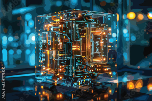 Central Computer Processors concept. 3d rendering,conceptual image. Futuristic processor. Quantum processor in the global computer network. 3d render..