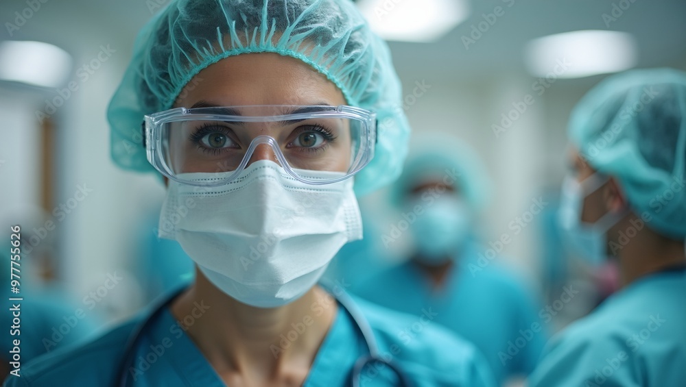 Dedicated healthcare worker in full PPE poses for a focused headshot with caring eyes Dedicated healthcare worker in full PPE poses for a focused headshot with caring eyes