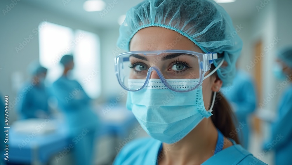 Dedicated healthcare worker in full PPE poses for a focused headshot with caring eyes Dedicated healthcare worker in full PPE poses for a focused headshot with caring eyes