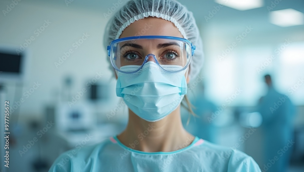 Frontline healthcare worker in protective gear in medical facility Frontline healthcare worker in protective gear in medical facility