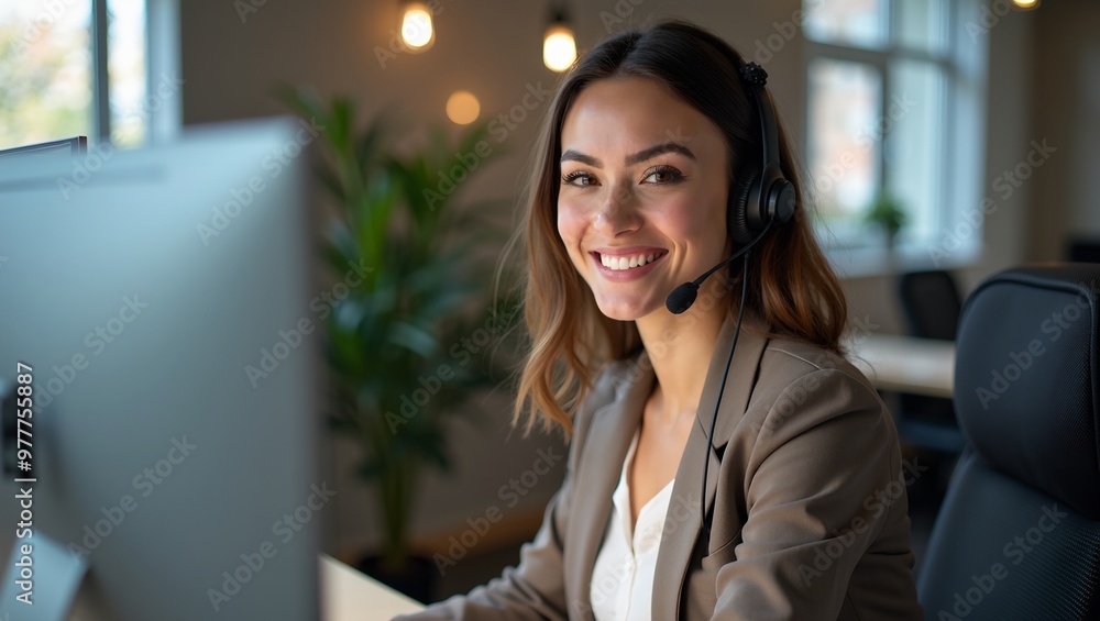 Friendly customer support agent assisting client on phone in modern office setting Friendly customer support agent assisting client on phone in modern office setting