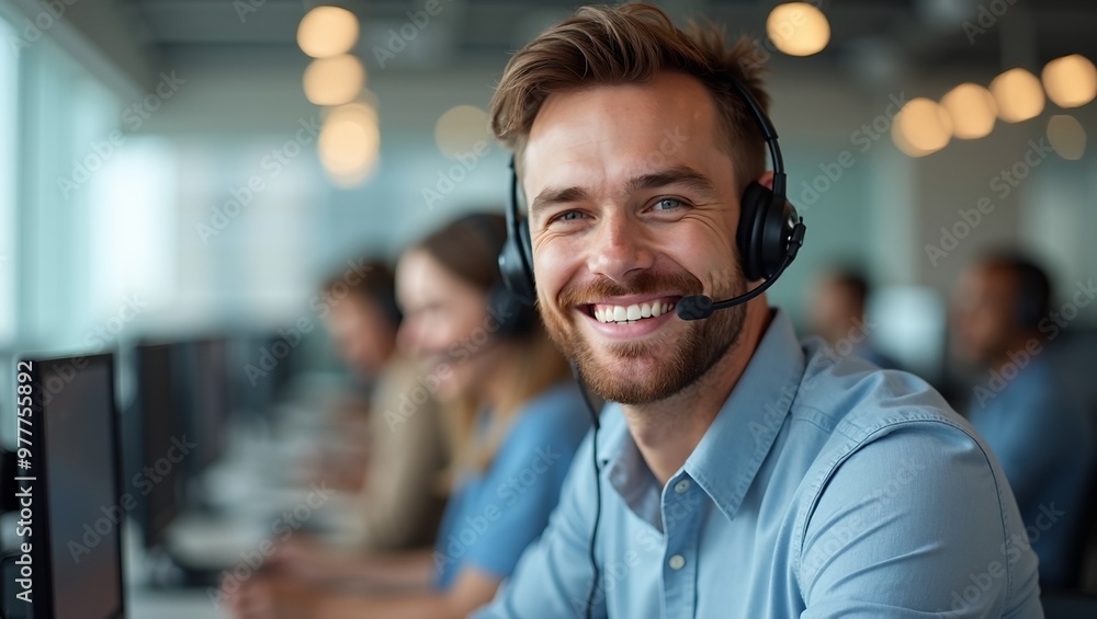 Positive customer service agent in headset smiling in modern office surrounded by colleagues Positive customer service agent in headset smiling in modern office surrounded by colleagues