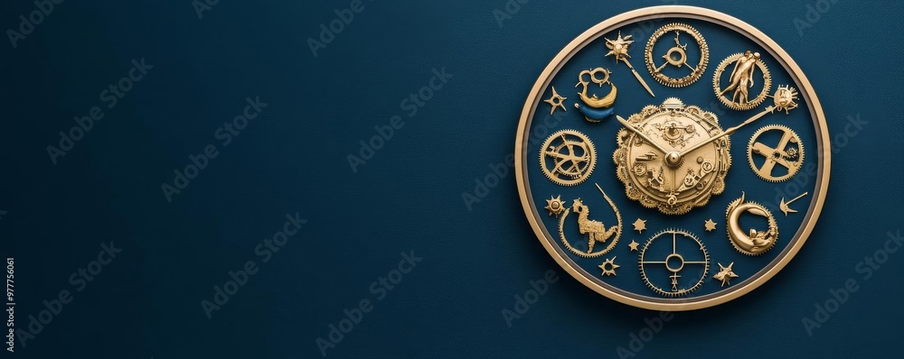 Illustration of zodiac signs as mechanical gears in a cosmic clock, intricate and innovative Illustration of zodiac signs as mechanical gears in a cosmic clock, intricate and innovative