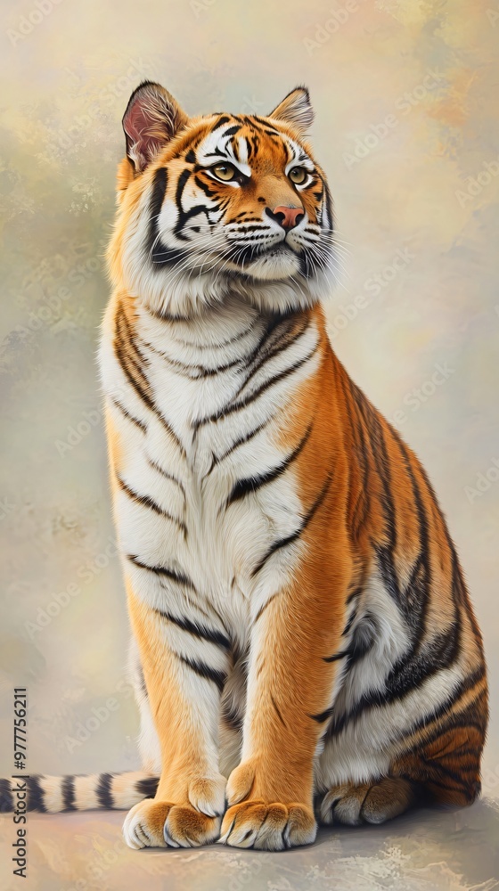 Naklejka premium A majestic tiger cat sitting gracefully, with a blurred light solid color background that highlights its features