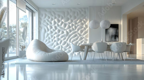 Fototapeta Naklejka Na Ścianę i Meble -  Modern White Interior Design with 3D Wall and Lounge Chair