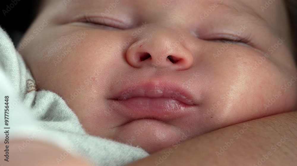 Close-up of a sleeping baby’s face, showing soft lips and peaceful expression during a nap, capturing the essence of comfort and innocence in a calm Close-up of a sleeping baby’s face, showing soft lips and peaceful expression during a nap, capturing the essence of comfort and innocence in a calm