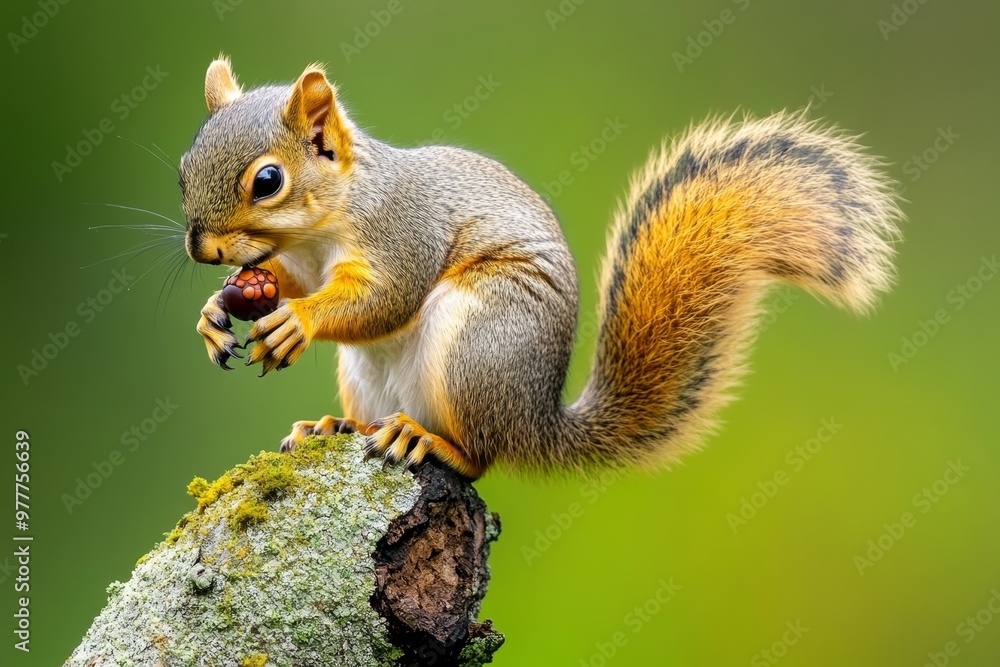 Squirrel perched on a tree branch, nibbling on an acorn with tiny, nimble paws Squirrel perched on a tree branch, nibbling on an acorn with tiny, nimble paws