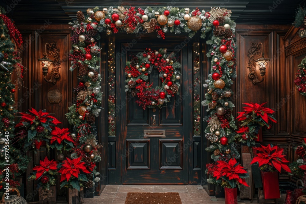 Elegant home entrance decorated for christmas with red poinsettia flowers Elegant home entrance decorated for christmas with red poinsettia flowers