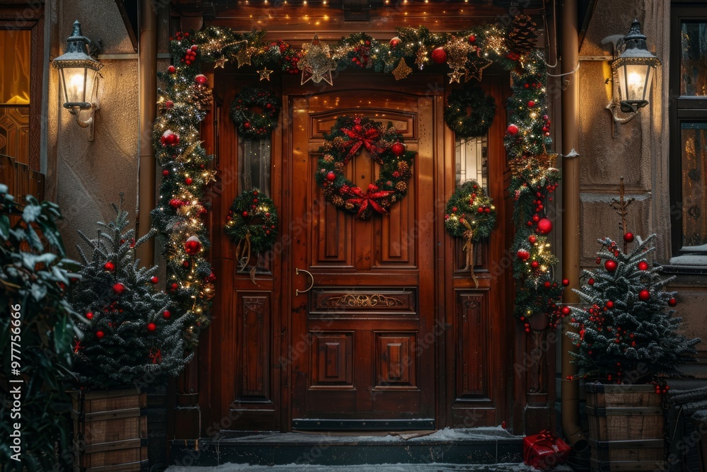 Christmas wreath hanging on a wooden front door decorated for holidays Christmas wreath hanging on a wooden front door decorated for holidays