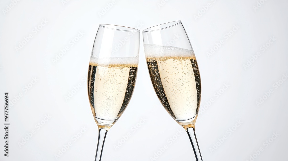 Two champagne glasses clinking together, celebrating a special occasion with bubbly drink and elegance. Two champagne glasses clinking together, celebrating a special occasion with bubbly drink and elegance.