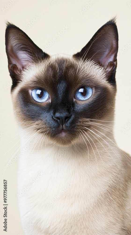 A close-up portrait of a Tonkinese cat showcasing its unique coat pattern and bright eyes, set on a light solid color background A close-up portrait of a Tonkinese cat showcasing its unique coat pattern and bright eyes, set on a light solid color background