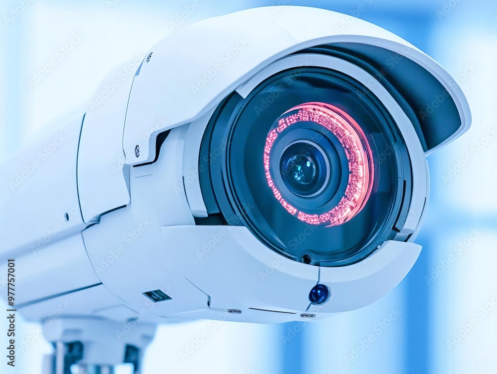 Close-up view of a modern security camera, showcasing advanced technology and sleek design for surveillance systems. Close-up view of a modern security camera, showcasing advanced technology and sleek design for surveillance systems.