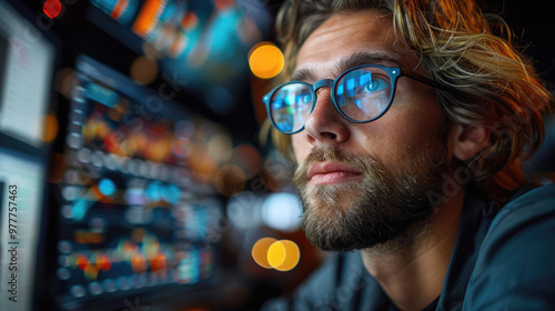 A young professional reviewing stock market charts and financial data on a computer screen