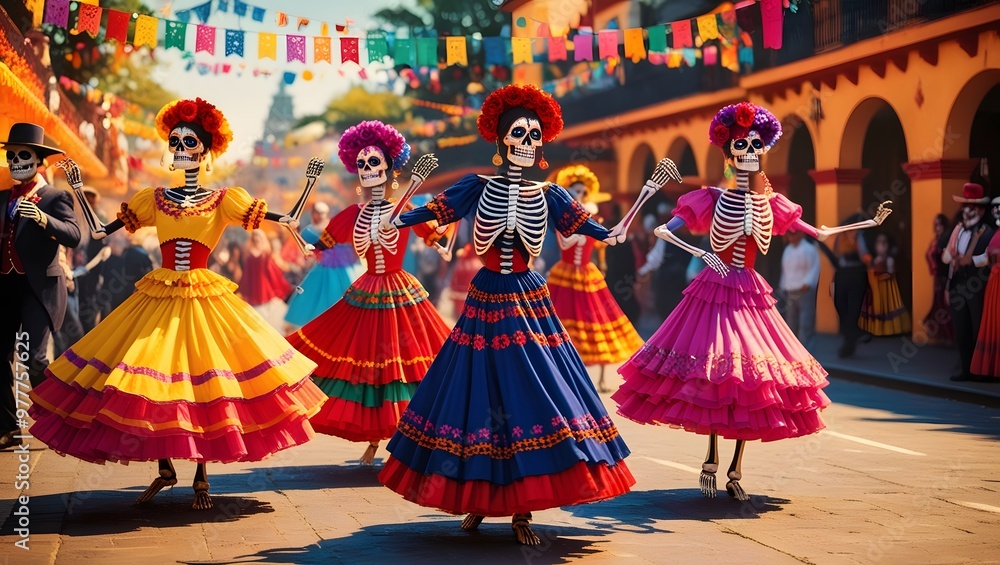 A Day of the Dead celebration, with colorful costumes and dancing skeletons, bathed in warm sunlight, perfect for Day of the Dead A Day of the Dead celebration, with colorful costumes and dancing skeletons, bathed in warm sunlight, perfect for Day of the Dead