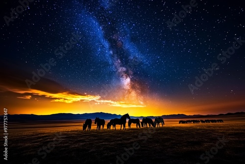 Starry skies above a wide, open plain, with a herd of wild horses silhouetted against the night sky