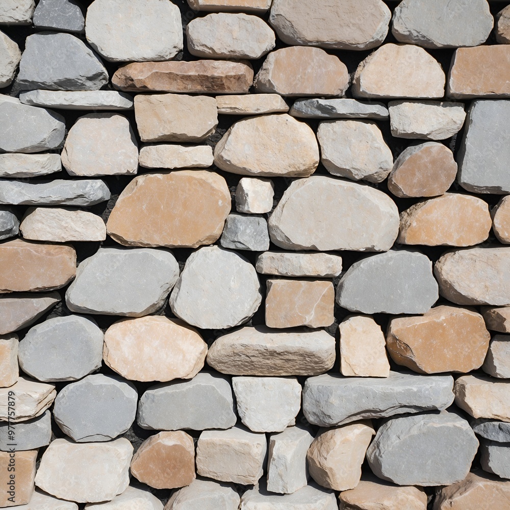 close-up view of a stone wall. The wall is constructed with irregularly circular stones of varying sizes and colors, ranging from light gray to beige and brown. close-up view of a stone wall. The wall is constructed with irregularly circular stones of varying sizes and colors, ranging from light gray to beige and brown.