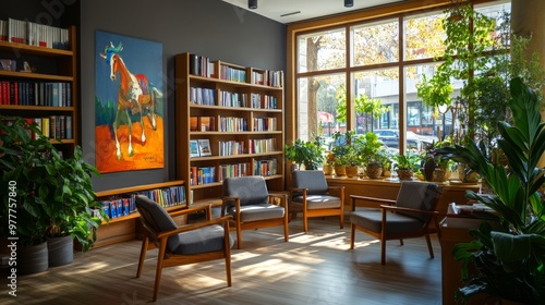 an interior design of a book store, modern contemporary style,warm feelings,some small sitting area like a small cafe,some picture of painting and aouthors on wall,wood chairs and table