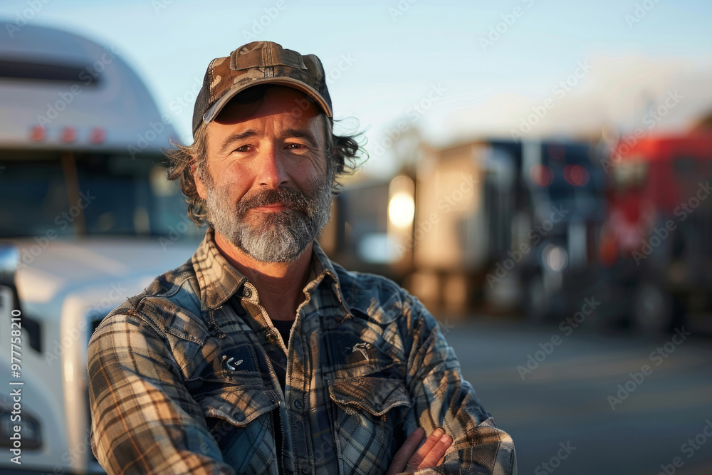 Confident truck driver standing with arms crossed in front of truck at sunset Confident truck driver standing with arms crossed in front of truck at sunset