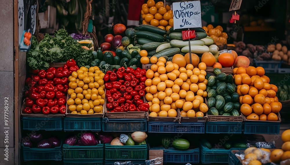 Fresh fruits and vegetables on display at an outdoor market Fresh fruits and vegetables on display at an outdoor market