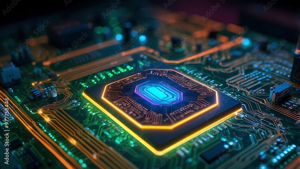 Obraz premium CPU computer chip close up lighting up circuit board, digital microchip technology high speed components
