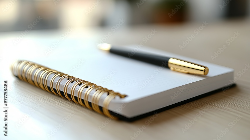 Gold Pen and Notebook on Desk: Minimalist Workspace Gold Pen and Notebook on Desk: Minimalist Workspace