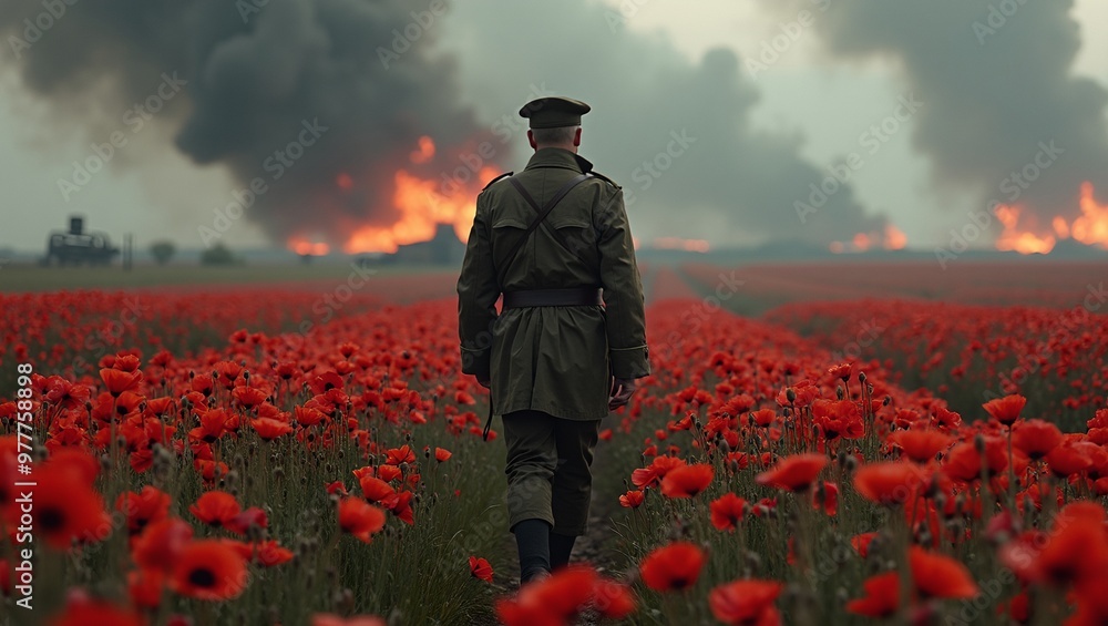 Fototapeta premium Brave soldier walking through poppy field amidst wars destruction