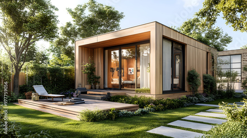 3D illustration of a modern downsized home exterior with a small garden.