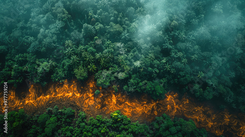 An aerial view of a deforested area next to a lush forest, highlighting the impact of deforestation