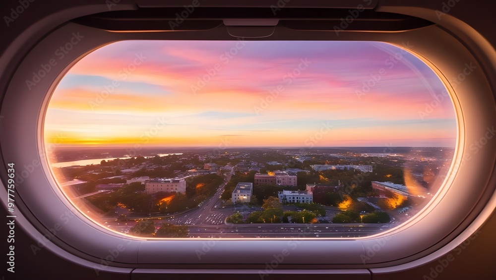 Beautiful Scenic City Sunset View Through Aircraft Window: Capturing the Golden Horizon from Above Beautiful Scenic City Sunset View Through Aircraft Window: Capturing the Golden Horizon from Above