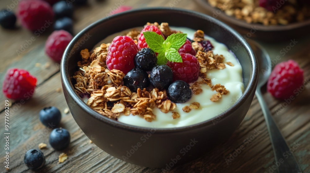 Granola And Berries: Small Bowl of Yogurt topped with Baked Granola and Fresh Berries Granola And Berries: Small Bowl of Yogurt topped with Baked Granola and Fresh Berries