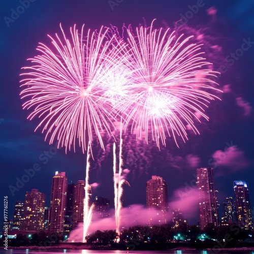 Vibrant fireworks illuminate the night sky over a city skyline, creating a stunning display of colors and light.