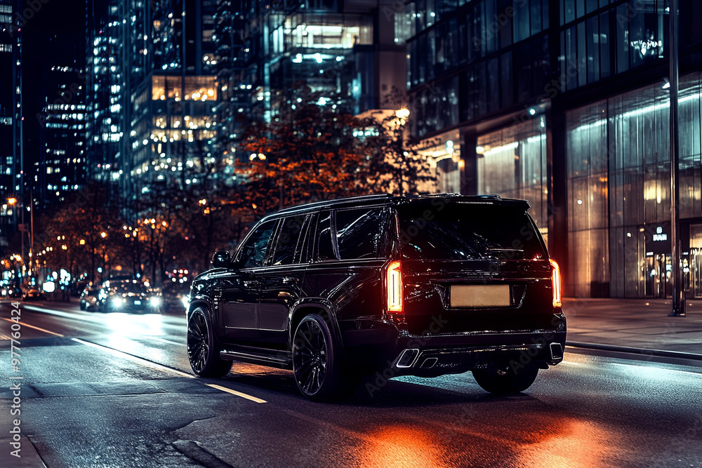 High-end SUV with tinted windows driving through a city at night High-end SUV with tinted windows driving through a city at night