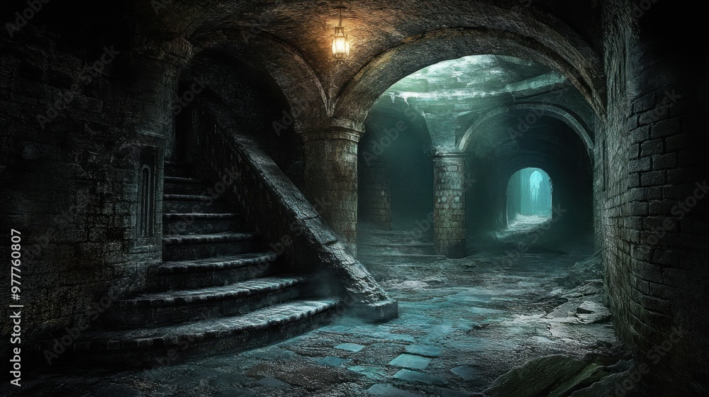 Naklejka premium A Stone Stairway Leading to a Mysterious Tunnel in a Dark, Arched Passageway