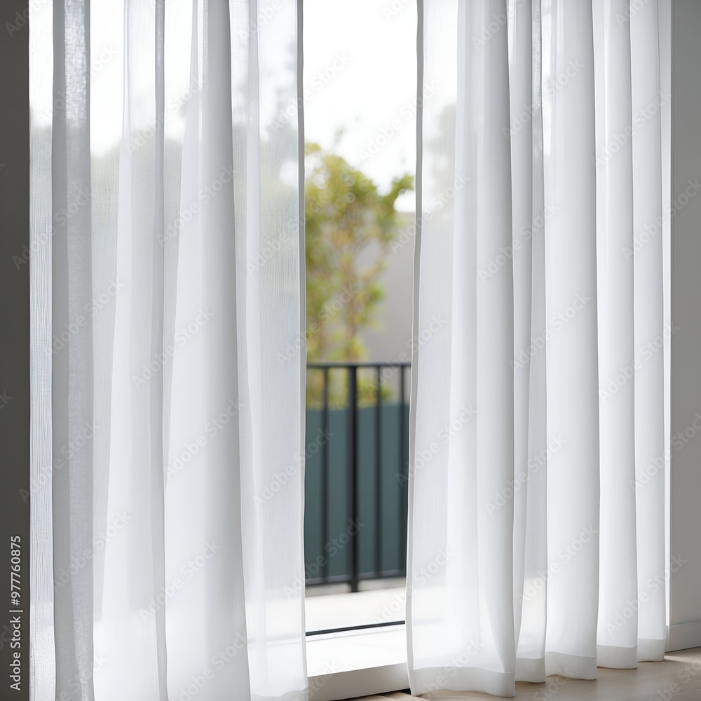 close-up view of sheer white curtains. The fabric is lightweight and semi-transparent, allowing diffused light to pass through, creating a soft and airy ambiance. close-up view of sheer white curtains. The fabric is lightweight and semi-transparent, allowing diffused light to pass through, creating a soft and airy ambiance.