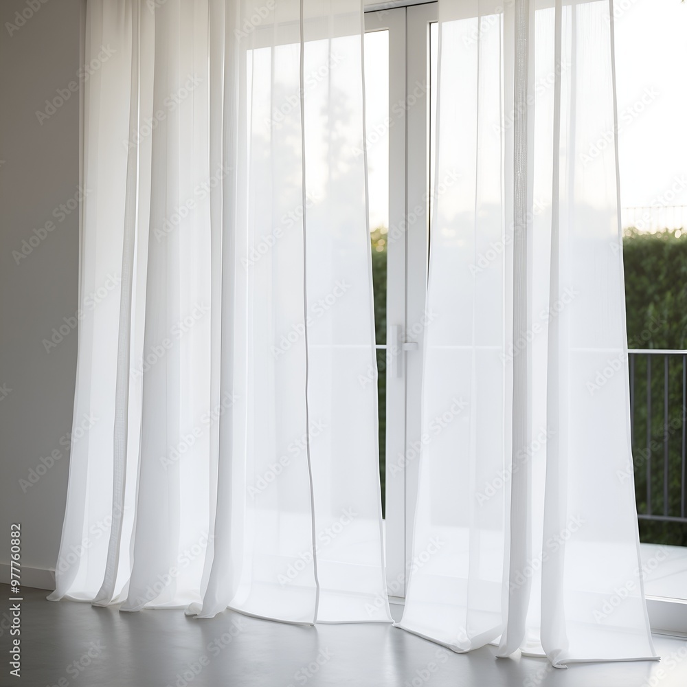 close-up view of sheer white curtains. The fabric is lightweight and semi-transparent, allowing diffused light to pass through, creating a soft and airy ambiance. close-up view of sheer white curtains. The fabric is lightweight and semi-transparent, allowing diffused light to pass through, creating a soft and airy ambiance.