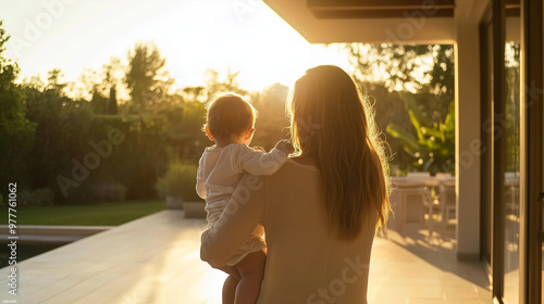 real estate agent is presenting a beautiful home to a wealthy woman and her child. The woman should be holding her child in her arms, showing interest and curiosity about the prope photo