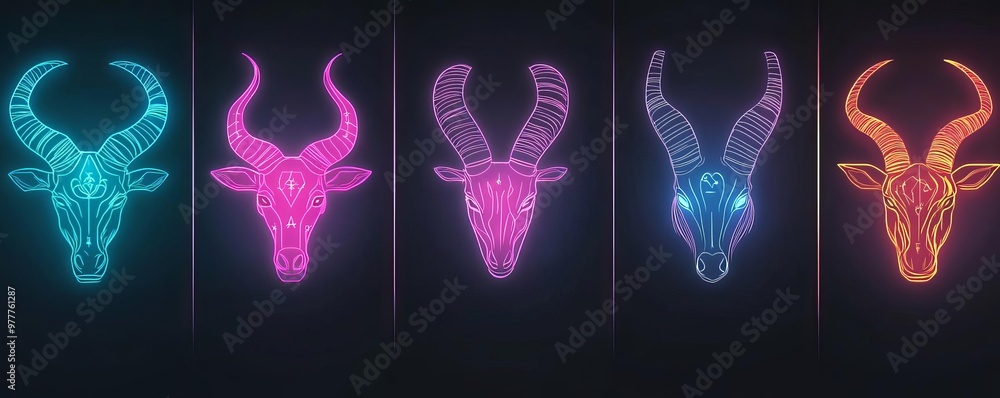 Zodiac symbols drawn with glowing neon light on a dark background, futuristic and edgy style Zodiac symbols drawn with glowing neon light on a dark background, futuristic and edgy style