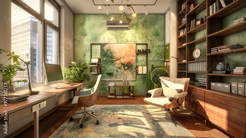 a magazine ready home office in safe green and cream colors. Modern. With 