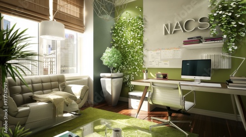 a magazine ready home office in safe green and cream colors. Modern. With 