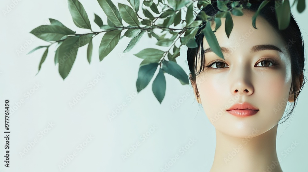 Artistic portrait of a woman with green leaves on a minimalist white background highlighting beauty Artistic portrait of a woman with green leaves on a minimalist white background highlighting beauty