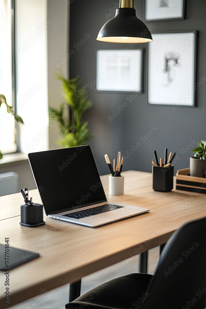 Minimalist office with a clean desk, laptop, and simple decor Minimalist office with a clean desk, laptop, and simple decor