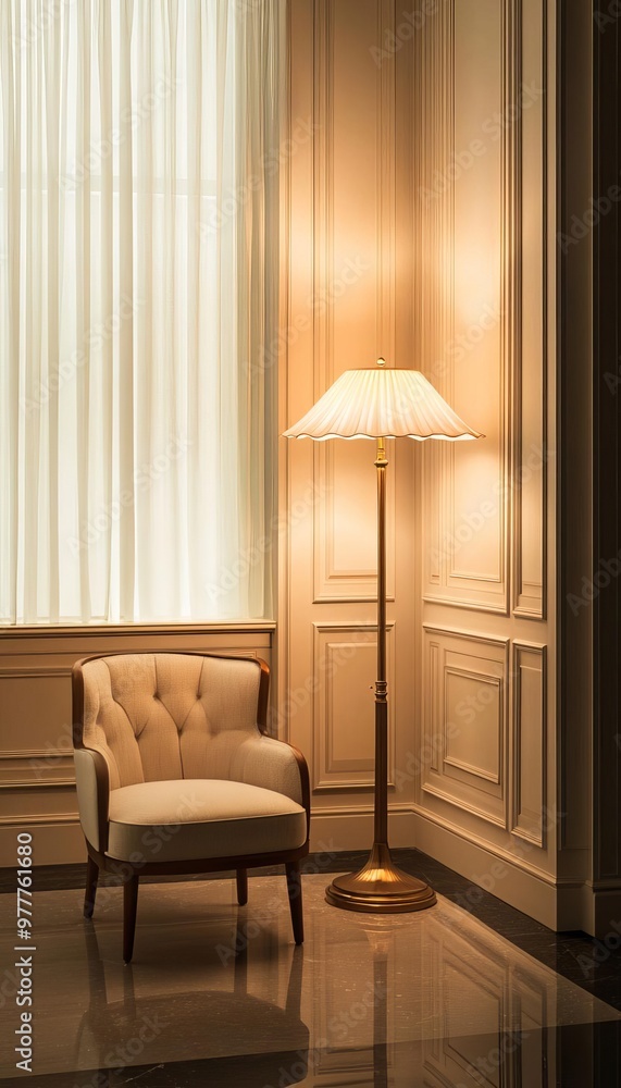 Elegant interior showcasing a plush armchair beside a stylish floor lamp, casting warm light in a refined space. Elegant interior showcasing a plush armchair beside a stylish floor lamp, casting warm light in a refined space.