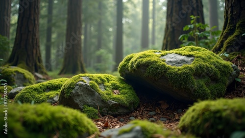 Serene forest floor with moss covered stones under tall trees