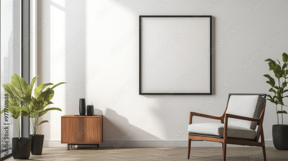 Contemporary Living Space with Artwork Poster on White Wall, Stylish Armchair and Minimalist Decor